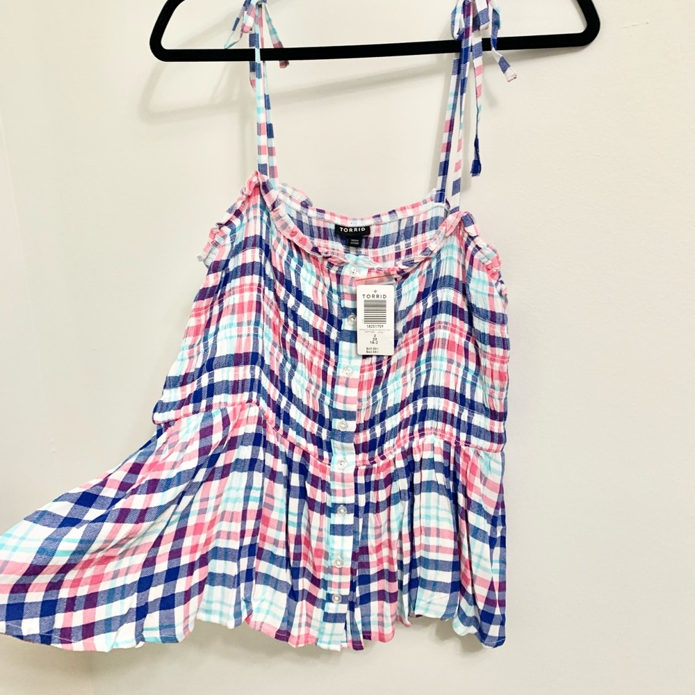 Torrid Smocked Pastel Plaid Gauzy Summer Top - 1X - 14/16 - NEW